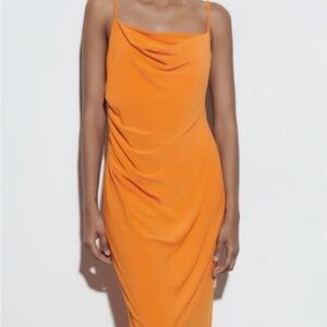 Zara Orange Cowl Neck With Rouching Strappy Maxi Dress Size: S